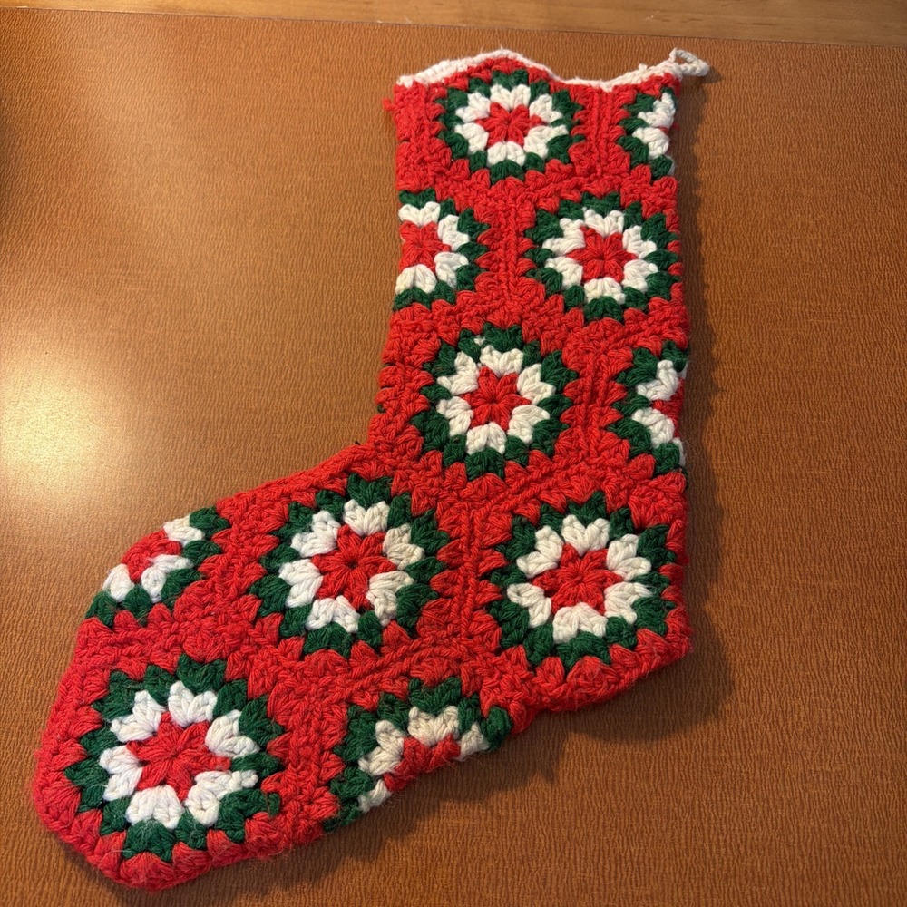 Vintage Crocheted Granny Square 19" Christmas Stocking Green, White & Red